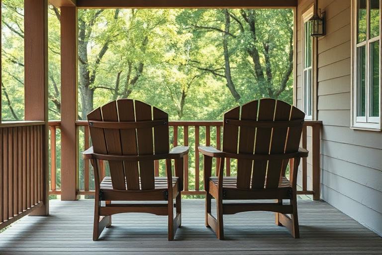 Two empty wooden chairs facing each other on a porch overlooking trees