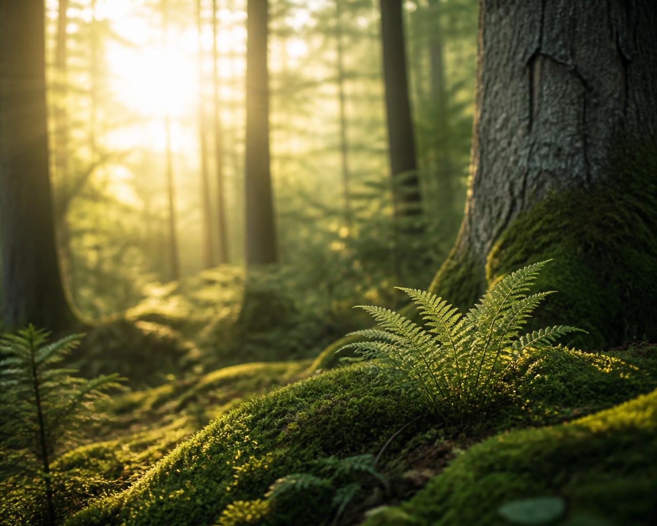 Sunlight filtering through a quiet forest of ferns and moss