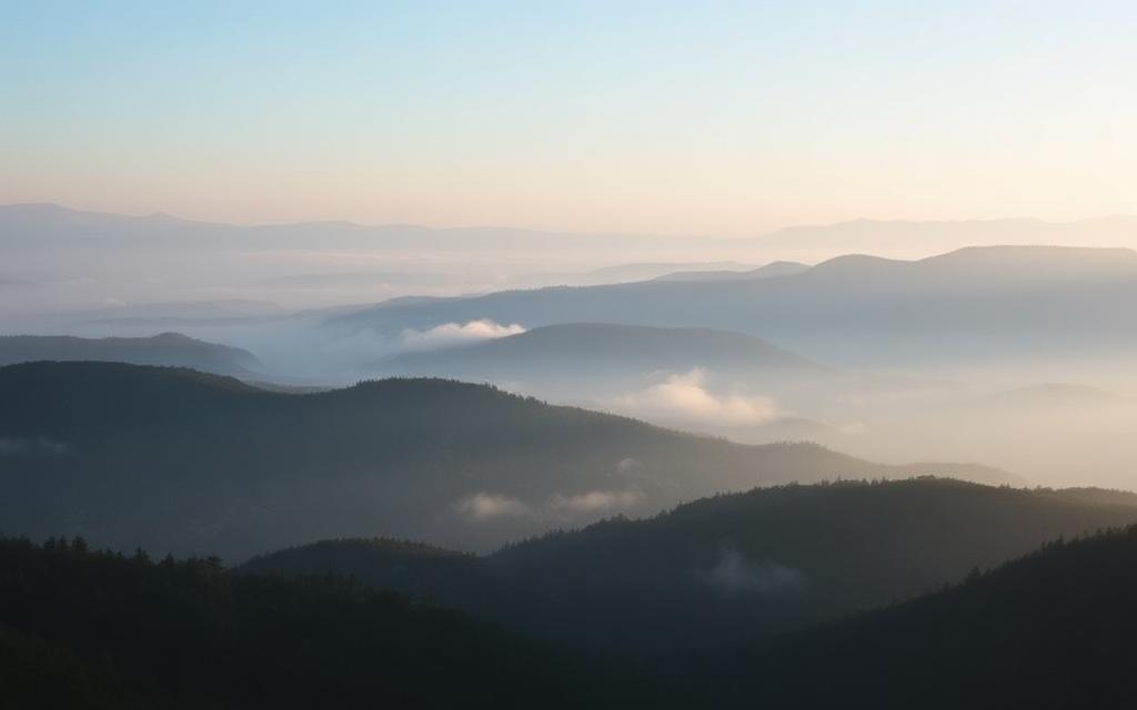 Morning mist lying between layered blue-green mountain ridges at first light